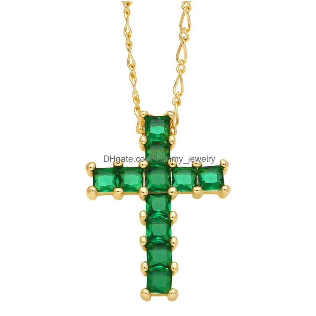 Pendant Necklaces Green Crystal Cross Necklace For Women Copper Cz Jesus Gold Plated Relius Jewelry Collar Cruz Drop Delivery Jewelry Dhhci
