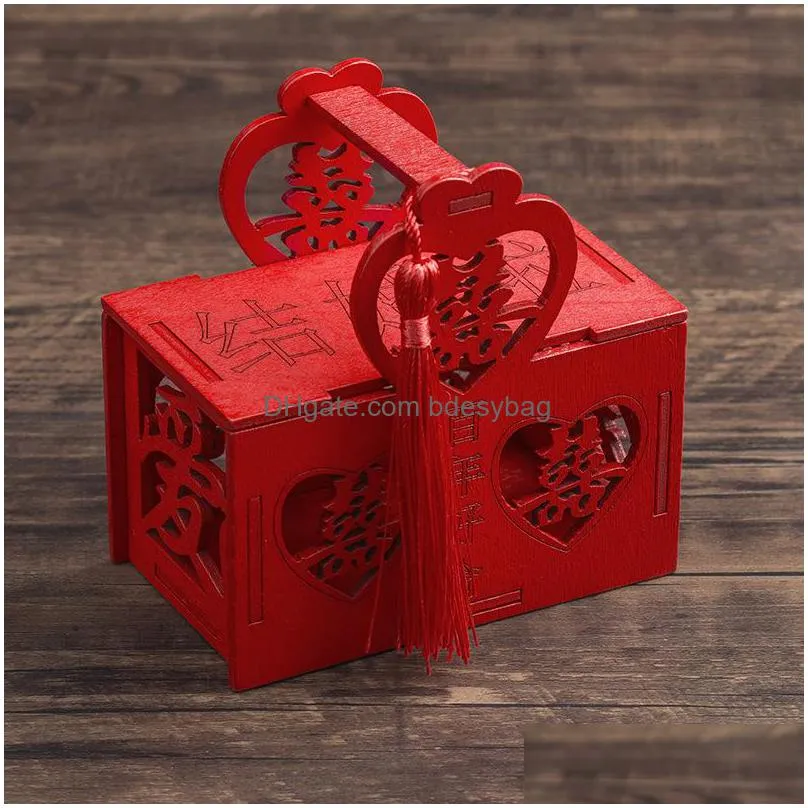 creative design wood chinese double happiness wedding favor boxes candy box chinese red classical sugar case with tassel lx1419