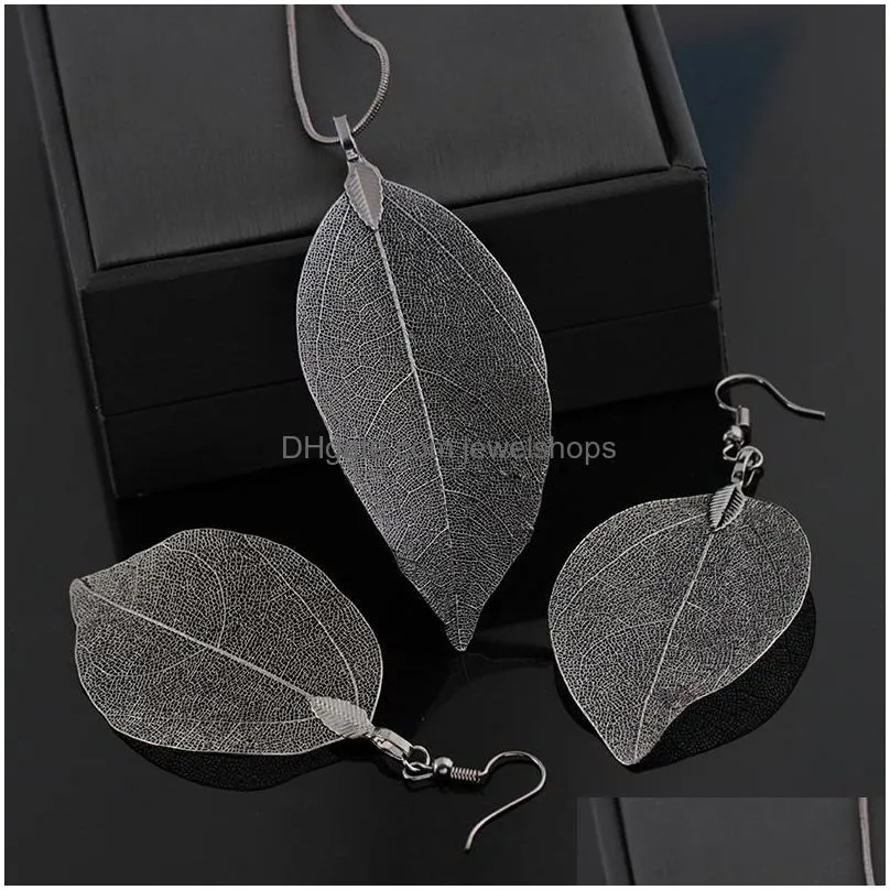 Earrings & Necklace Leaf Design Jewelry Sets Necklace Earrings Set For Women Girls Lady Sier Rose Gold Black Fashion Pendant Charm Sui Dh4Ur
