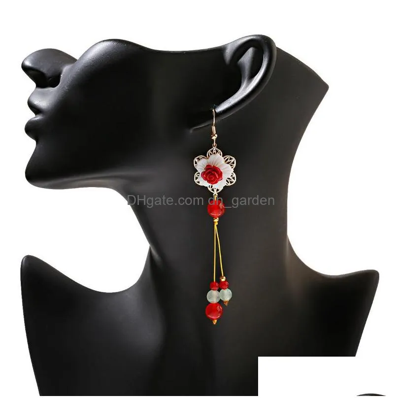 dangle chandelier pendant long earrings for women hanfu chinese flower earring piercing unusual ancient ethnic original ear drop jewelry