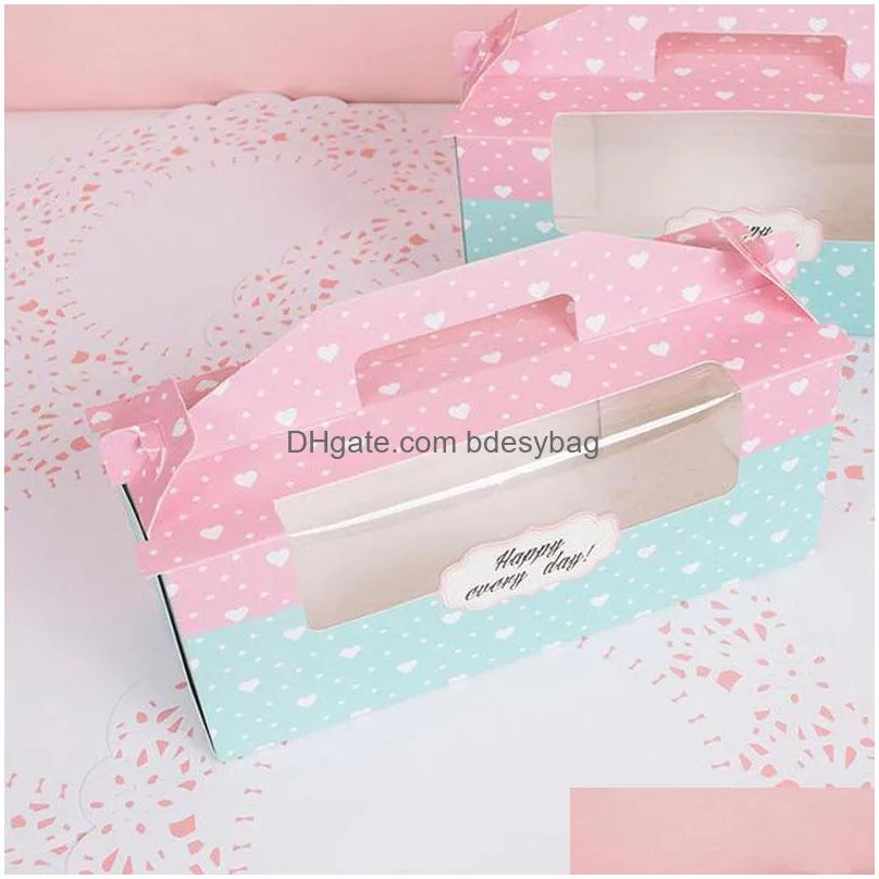 24x9x10cm pink blue cupcake window boxes 3 holes swiss roll box with handle dessert packaging shipping za4019