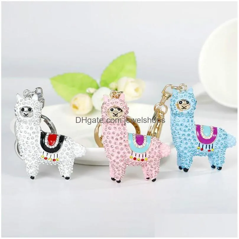 Key Rings Creative Animal Alloy Rhinestone Keyring Cute Alpaca Pendant Long Key Chain Women Handbag Car Hanging Keychains Llaveros Par Dhr6C