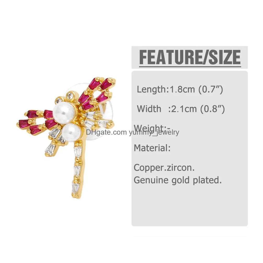 Charm Rainbow Crystal Dragonfly Stud Earrings For Women Copper Zirconia Gold Plated Heart Cz Lucky Jewelry Drop Delivery Jewelry Earri Dhev6