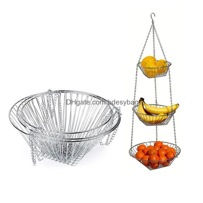 3 tier wire hanging fruit basket home kitchen metal vegetable storage organizer basket 3layer baskets wholesale lx2780