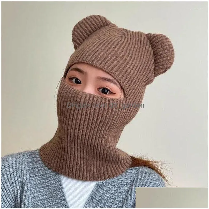 berets winter cute funny knit balaclava with bear ears women warm full face cover ski mask hat men outdoor windproof beanies
