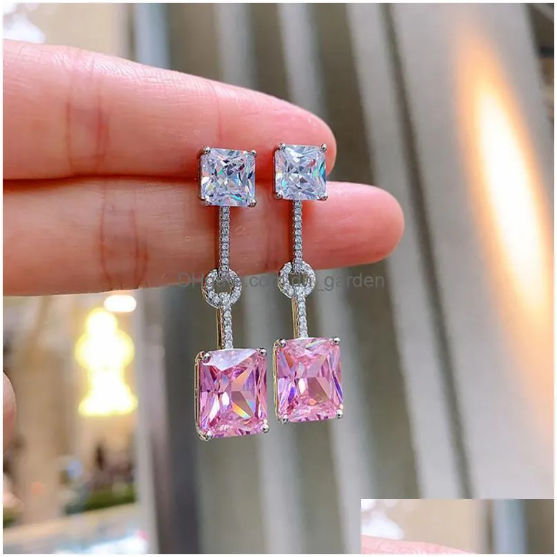 dangle chandelier arrival 925 sterling silver 10x12mm pink quartz topaz high carbon diamond drop earrings for women charms party fine