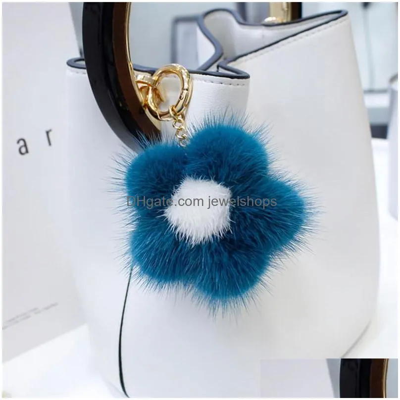 Key Rings 10Cm Real Mink Fur Ball Keychain For Handbag Car Key Ring Fashion New Flower Pompom Pendant Chains Drop Delivery Jewelry Dhhsr