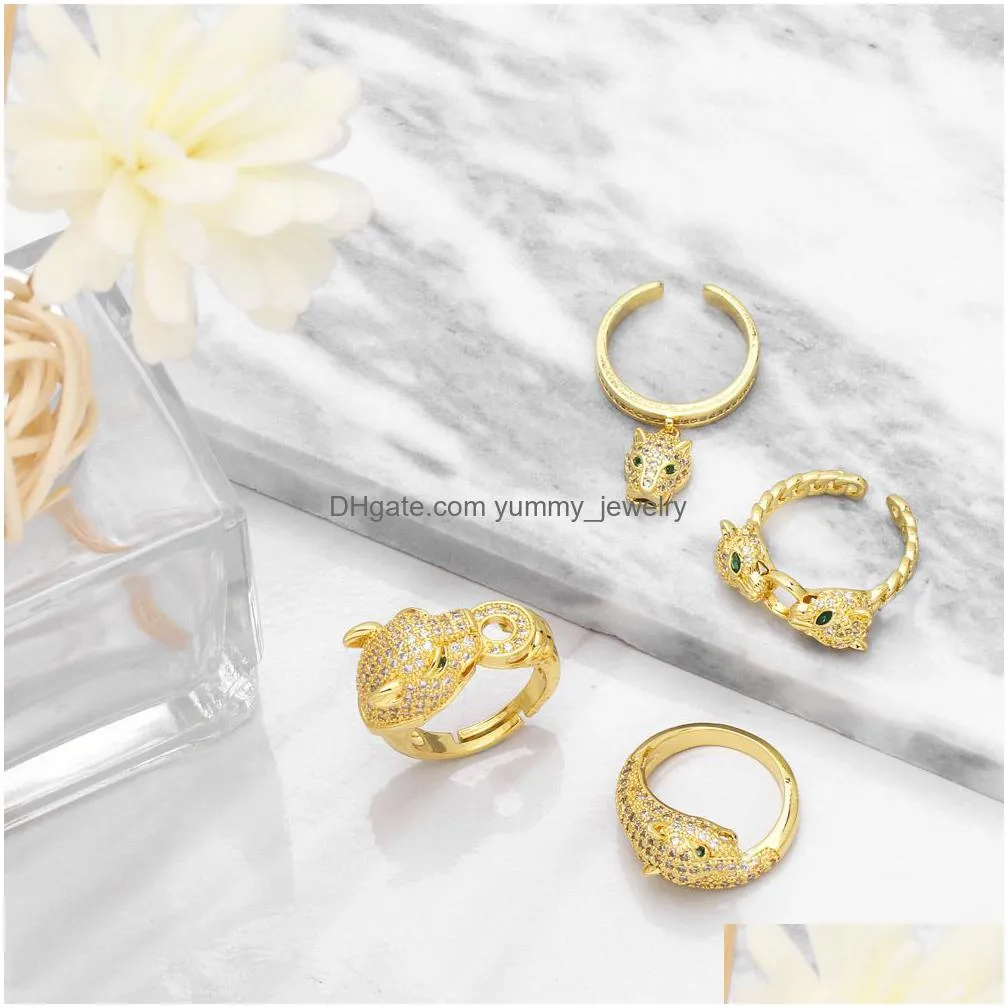 With Side Stones Voleaf Luxury Leopard Head Ring With Side Stones Cubic Zirconia Adjustable Genuine Gold Plated Hip Hop Jewelry For Me Dhdyf