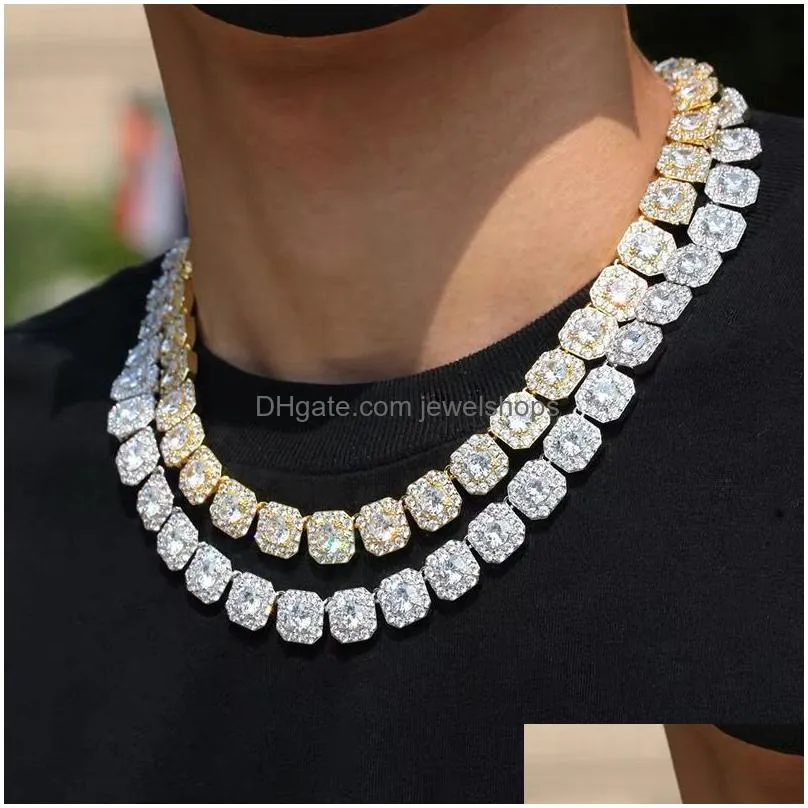 Chains Chains Mens Iced Out 12Mm Square Diamond Necklaces Hip Hop Bling Women Trendy  Cuban Curb Link Chain Bracelet Fashion Gold Dhuzf