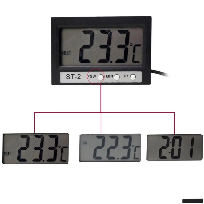 Temperature Instruments Wholesale New In Out Lcd Dual-Way Digital Car Thermometer Clock With Probe St2 St-2 Battery Included Drop Deli Dhlvo