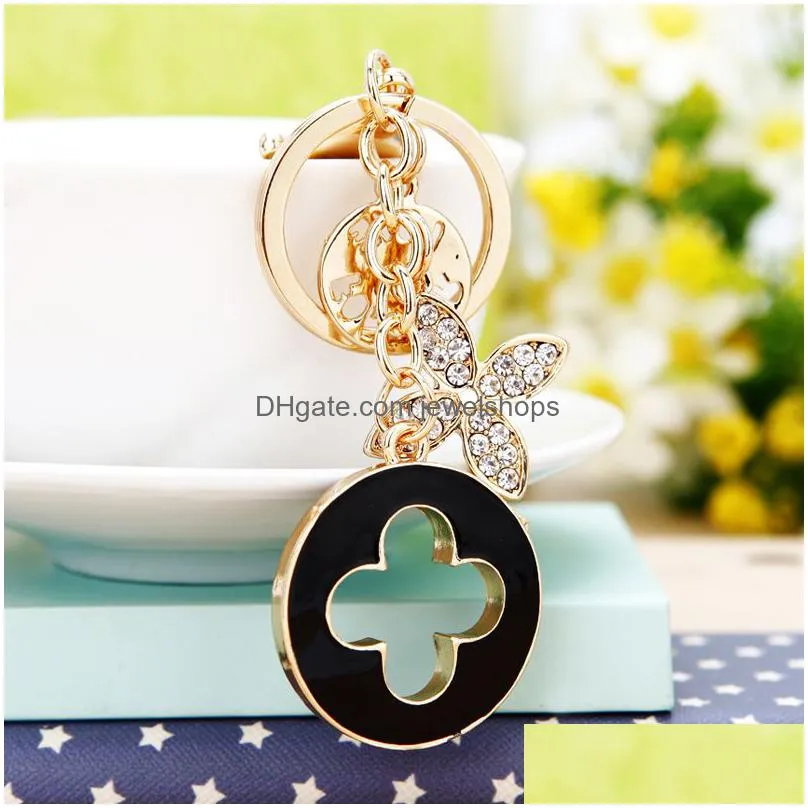 Key Rings Luxury Clover Key Chains Keychains Rhinestone Flower Tassel Fashion Metal Keyring Ring Holder Car Accessories Women Girls Ba Dhdjm