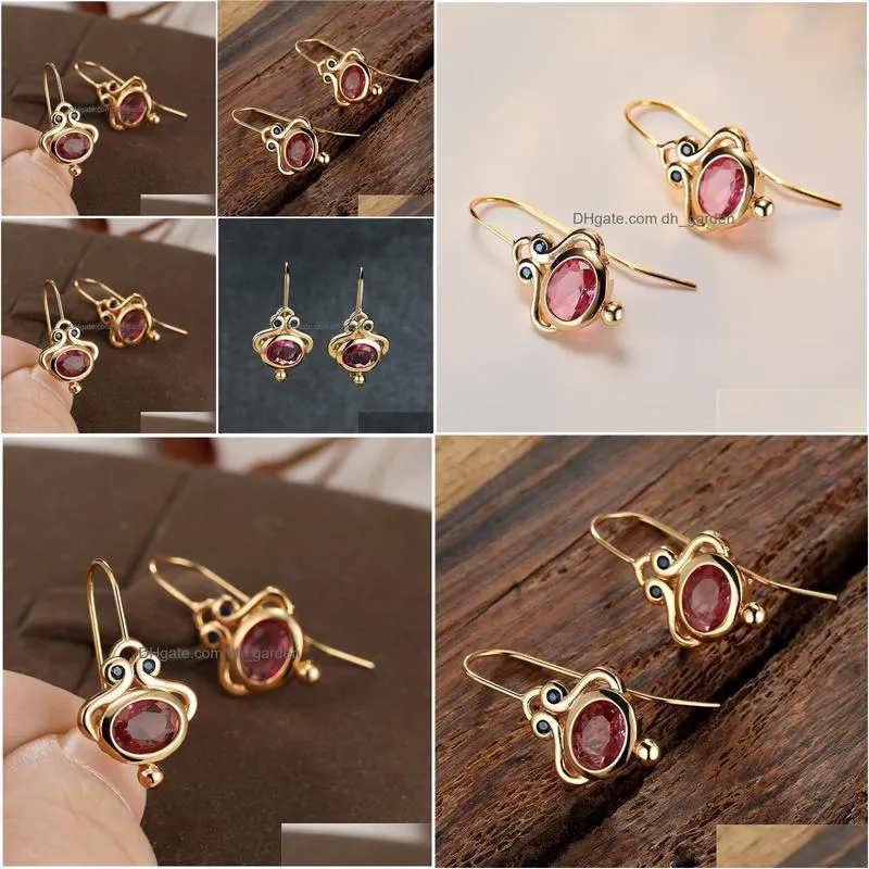 dangle chandelier charm crystal wedding earrings antique red oval stone drop vintage fashion yellow gold color for women