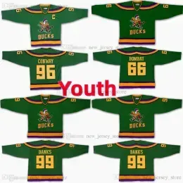 Anaheim``Ducks``Youth Kids Mighty Ducks Movie Hockey Jersey #96 Charlie Conway #99 Adam Banks #66 Gordon Bombay Jerseys Stitched Green