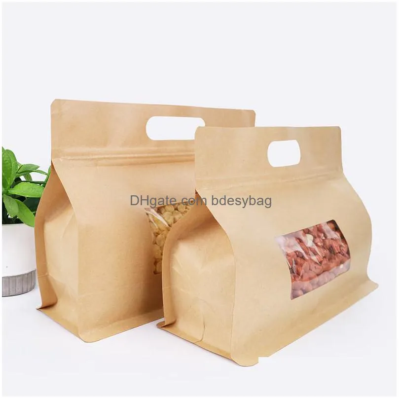 kraft paper octagonal organ self seal bag with handle window packaging bag dried tea and dried fruit bag lx3465