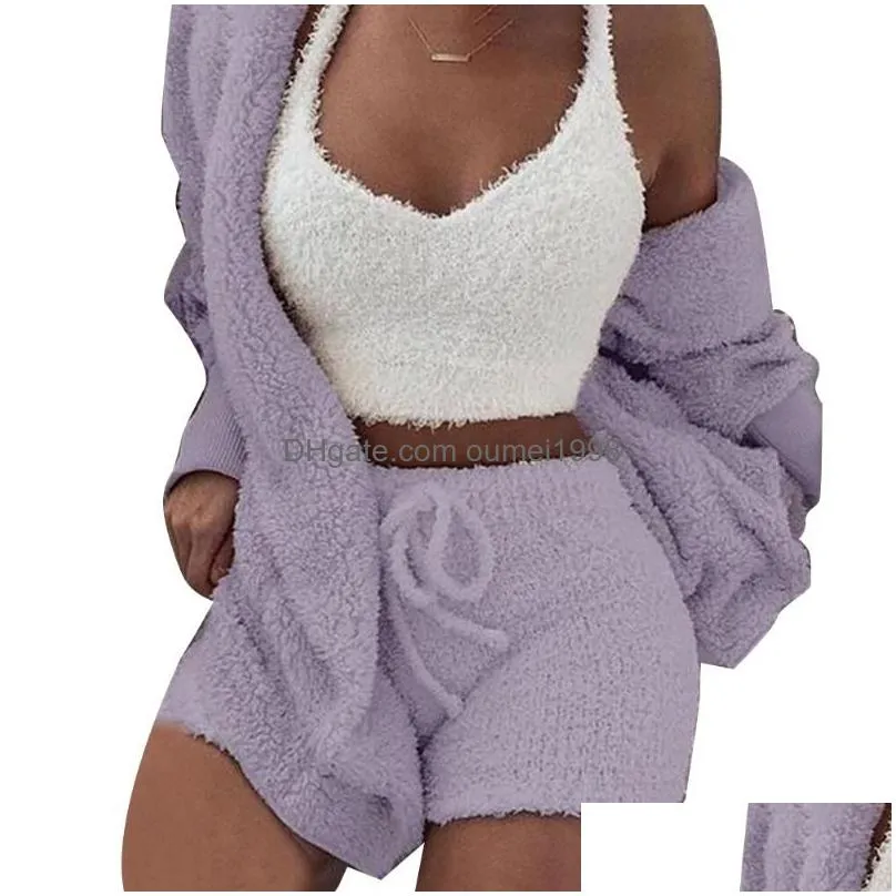 Two Piece Dress Women Polyester Home Pajamas Three-Piece Set Soft Y Slee Winter Plush Casual Bedroom Cardigan Blouse Short Pant Vest D Dhzqw