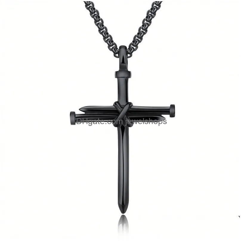 Pendant Necklaces Mens Nail Cross Pendant Necklaces Fashion Stainless Steel Link Chain Necklace Black Rose Gold Sier Punk Style Hip Ho Dhjhh