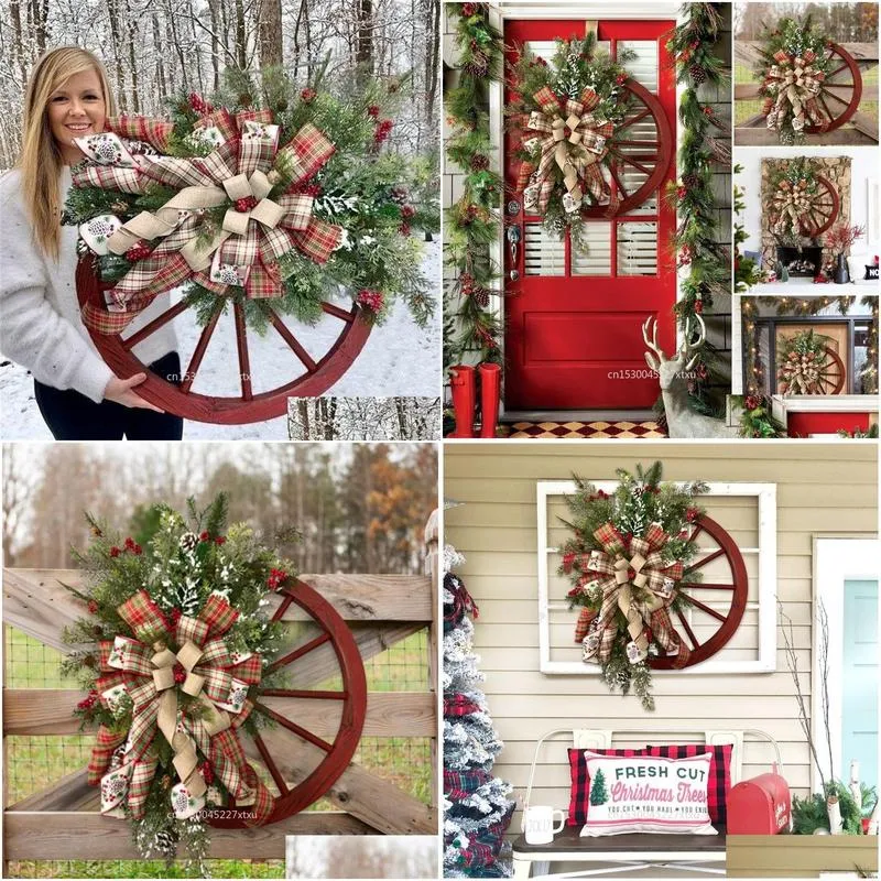Christmas Decorations Christmas Decorations Farmhouse Wagon Wheels Wreath Winter Door Hanging Home Outdoor Year Gift 220908 Drop Deliv Dhwdy