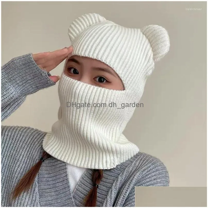 berets winter cute funny knit balaclava with bear ears women warm full face cover ski mask hat men outdoor windproof beanies