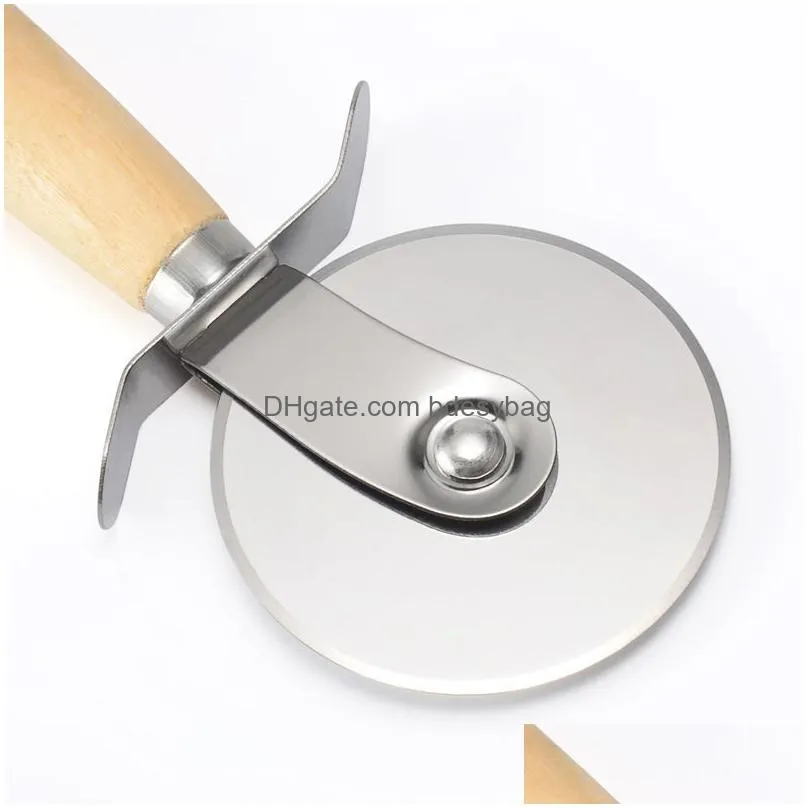 round pizza cutter stainless steel with wooden handle pizza cutter pastry pasta dough kitchen baking tools lx0131