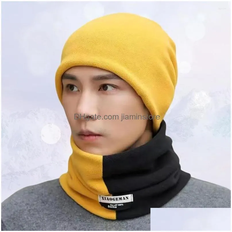 Other Fashion Accessories Berets 2Pcs/Set Ear Protection Windproof High Elastic Hat Scarf Set Men Autumn Winter Color Block Fleece Nec Dhhod