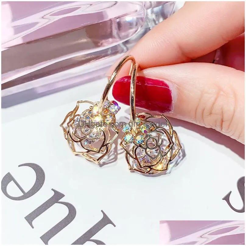 dangle chandelier fyuan zircon flower earrings for women 2021 bijoux exquisite gold color rose crystal drop jewelry