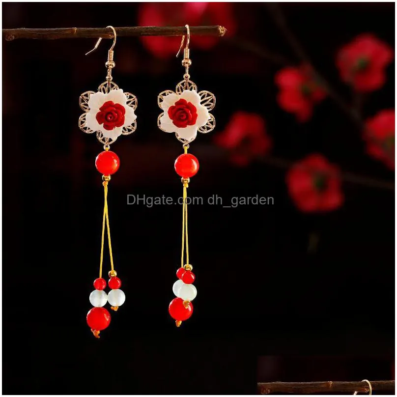 dangle chandelier pendant long earrings for women hanfu chinese flower earring piercing unusual ancient ethnic original ear drop jewelry