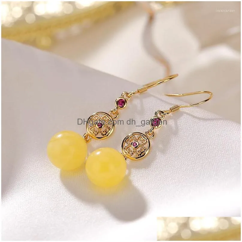 dangle earrings 925 sterling silver goldplated natural amber beeswax round beads hollow flower ladies temperament