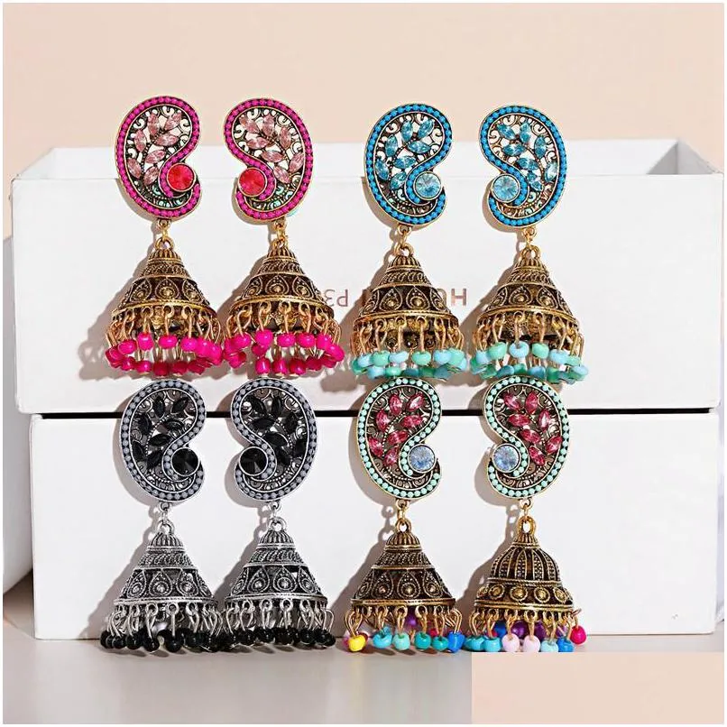 dangle chandelier classic retro womens leaf rhinestone turkish jhumka earrings vintage turkey boho bells beads tassel