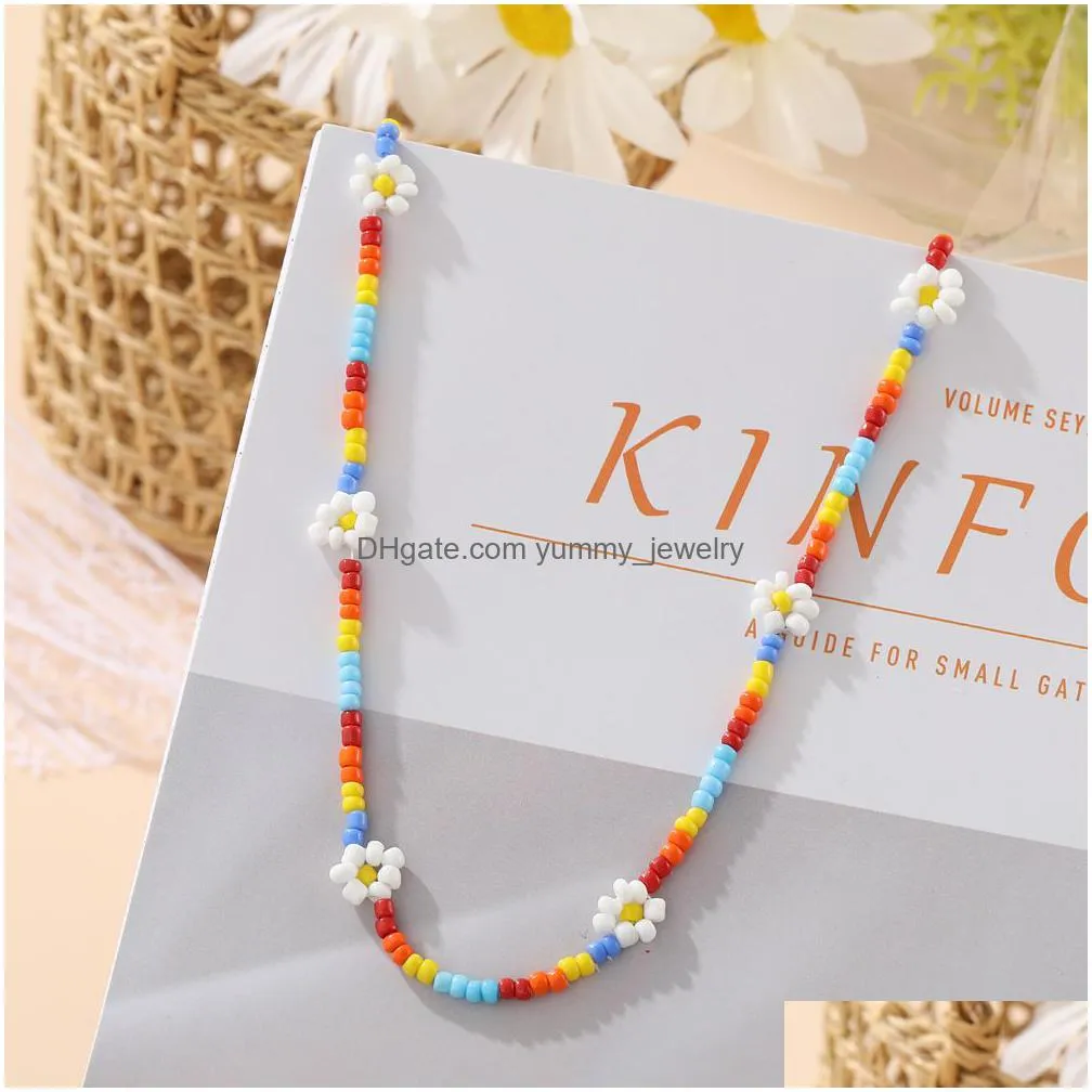 Beaded Necklaces Voleaf 2023 New Bohemian Daisy Flower Colorf Beads Clavicle Choker Necklace For Women Girls Spring Summer Jewelry Who Dhc3Q