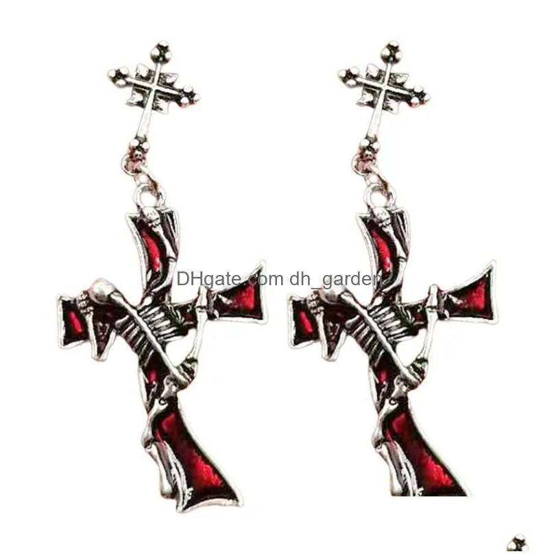 dangle chandelier 1 pair women gothic earrings punk style cross pattern metal red rhinestone ear pendant drop jewelry