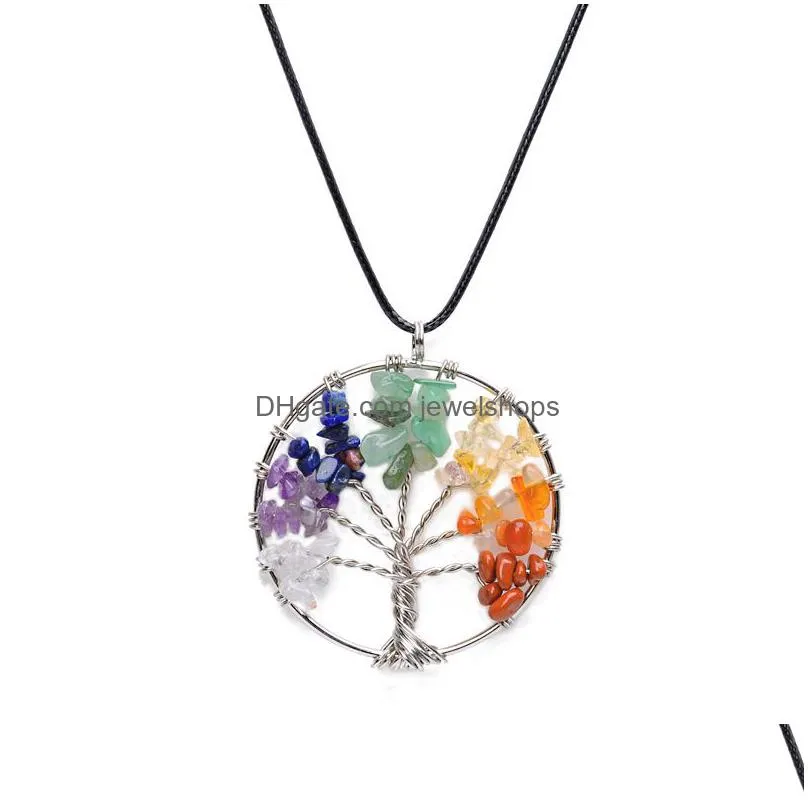 Pendant Necklaces Tree Of Life Pendant Necklace Mticolor Chakra Natural Stone Gemstone Rope Chain Women Heart Pendum Fashion Crystal J Dhsah