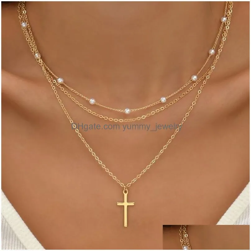 Pendant Necklaces Voleaf Mti-Layer Chain Cross Pendant Necklace Pearl Handmade Jewelry For Drop Delivery Jewelry Necklaces Pendants Dhn4W