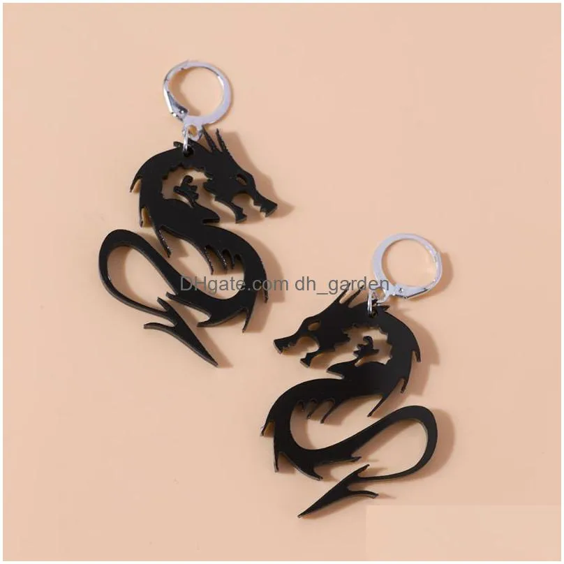 dangle chandelier chinese style mirror surface arcylic dragon earrings for women cool black gold silver color twisted animal drop