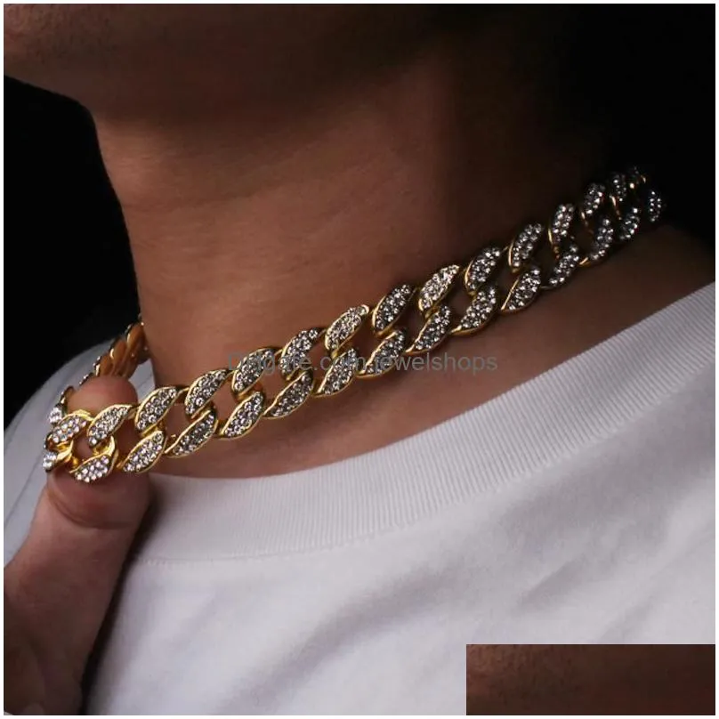 Chains 15Mm  Cuban Link Chain Necklaces 30 16 18 20 22 24Inches 18K Gold Plated Iced Out Bling Rhinestone Chains Sier Rose Fashio Dhabx