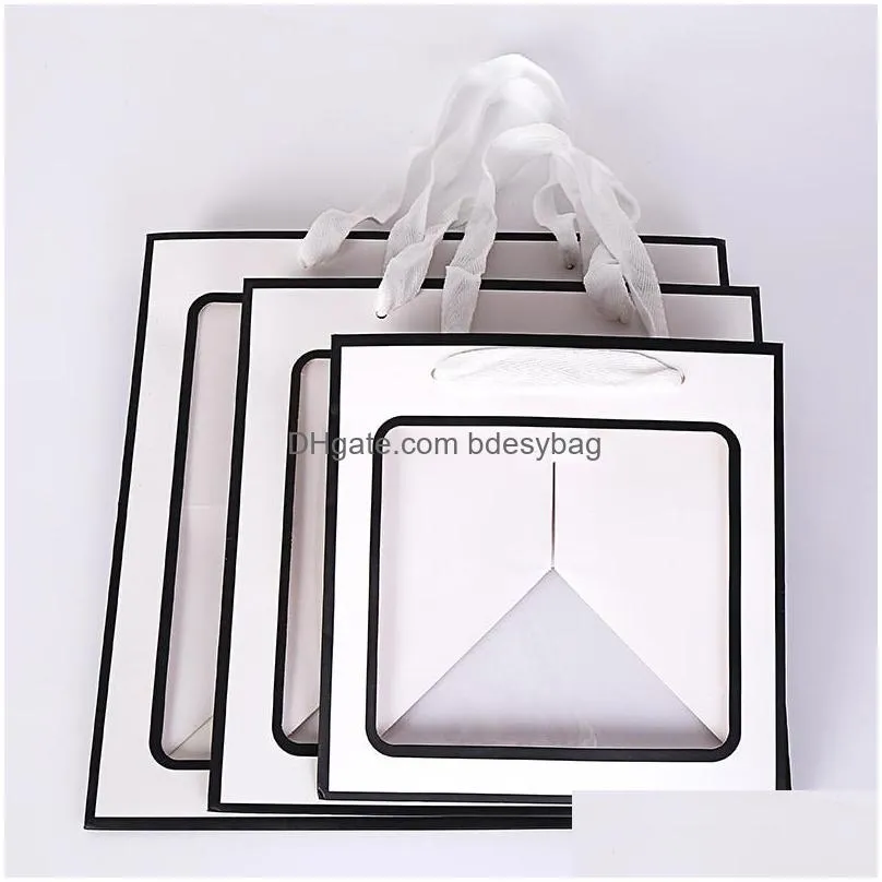 black white transparent window square tote bag holiday gift boxes transparent packaging bags creative flower bag lx2165