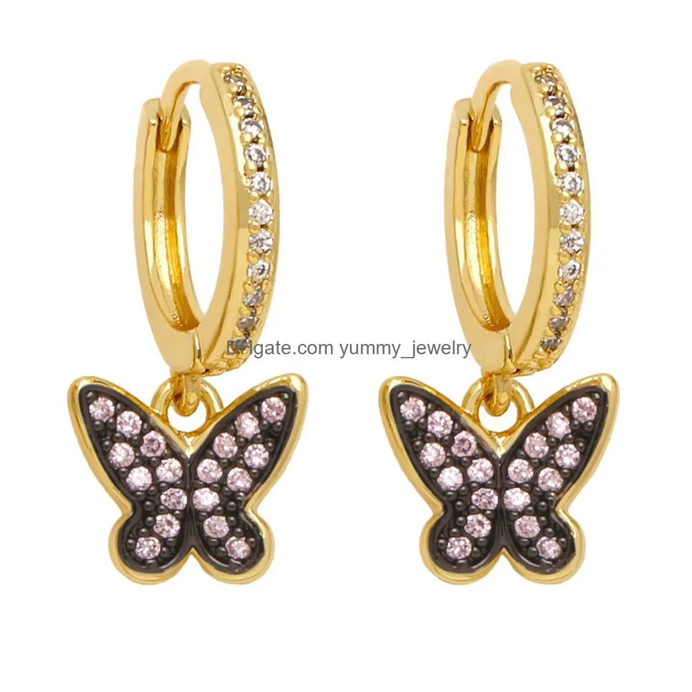 Charm Gold Plated Hoops Black And Green Butterfly Earrings For Women Copper Zircon Dangle Small Crystal Jewelry Drop Delivery Jewelry Dhjio