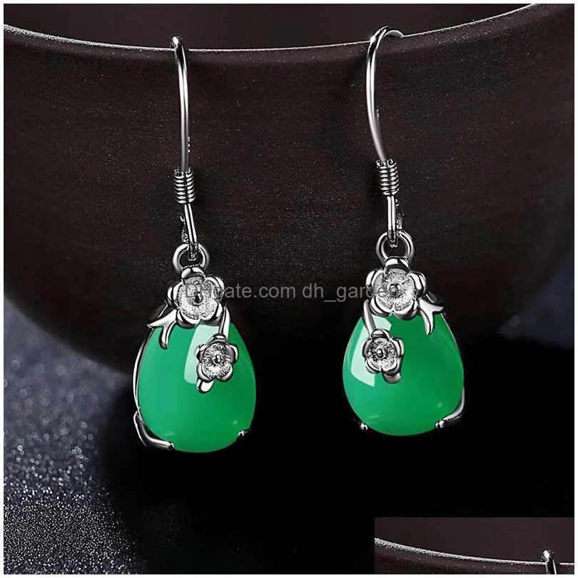 dangle chandelier retro 925 silver jewelry earrings water drop created emerald gemstone flower shape earring for women wedding promise