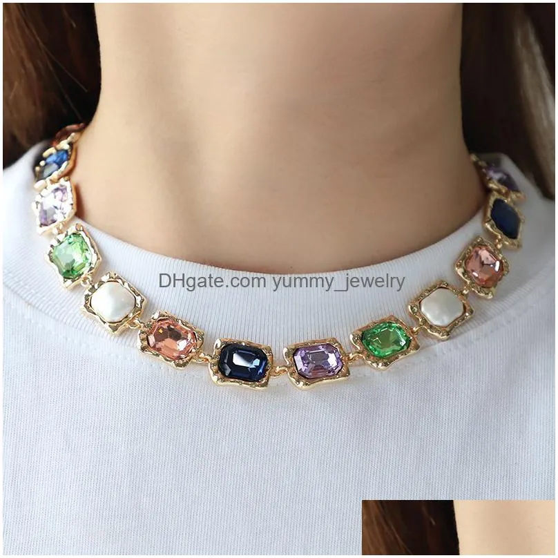 Tennis, Graduated New Retro Style Luxury Glass Colored Diamond Geometric Irregar Exaggerated Wedding Gift Necklace For Drop Delivery J Dhemk