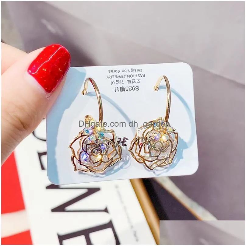 dangle chandelier fyuan zircon flower earrings for women 2021 bijoux exquisite gold color rose crystal drop jewelry