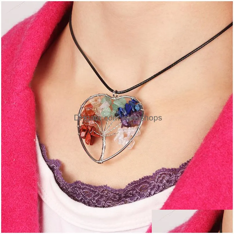 Pendant Necklaces Tree Of Life Pendant Necklace Mticolor Chakra Natural Stone Gemstone Rope Chain Women Heart Pendum Fashion Crystal J Dhsah