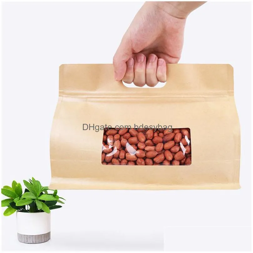 kraft paper octagonal organ self seal bag with handle window packaging bag dried tea and dried fruit bag lx3465