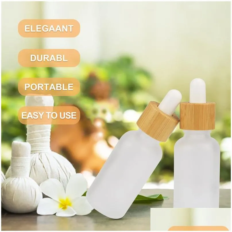 frosted glass dropper bottle  oil bottles with eye dropper and bamboo lids perfume sample vials essence liquid cosmetic