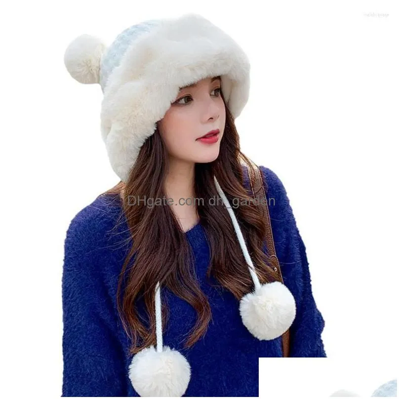 berets winter beanie hats for women warm knit bear with 4 pompoms and wide faux fur brim cold days daily life wear