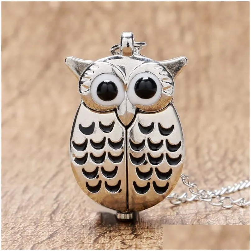 Pocket Watches Cute Sier/Bronze Vintage Night Owl Design Pocket Watches Necklace Pendant Quartz Analog Watch For Men Women Kids Drop D Dhxgf