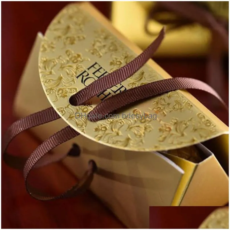 luxury gold paper candy boxes chocolate box for guest wedding favor gift sweet box with ribborns lx0725