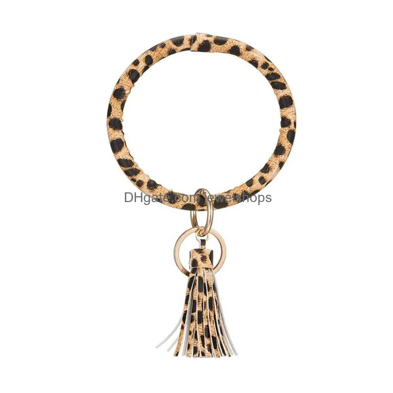 Key Rings Tassel Pendant Bracelet Key Chain Pu Leather Bracelets Wristlet Bangle Leopard Keychain Round Ring Charm Jewelry Car Keyring Dhvd4