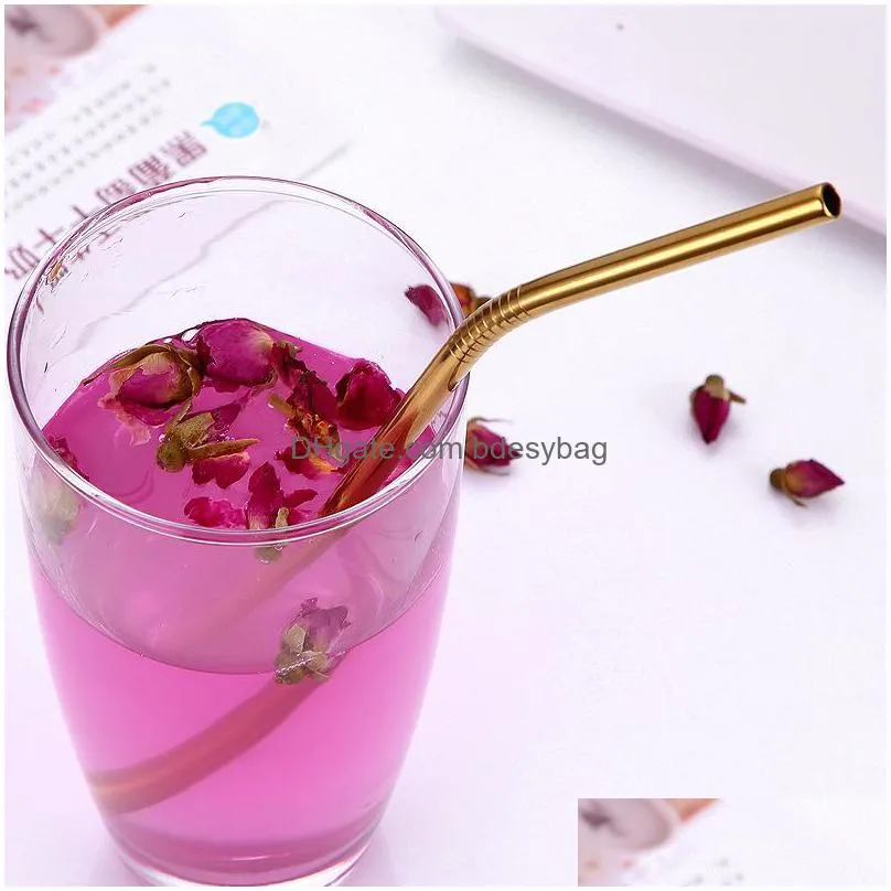 eco friendly reusable straw 304 stainless steel straw metal smoothies drinking straws set with brush bag factory wholesale lzj0212