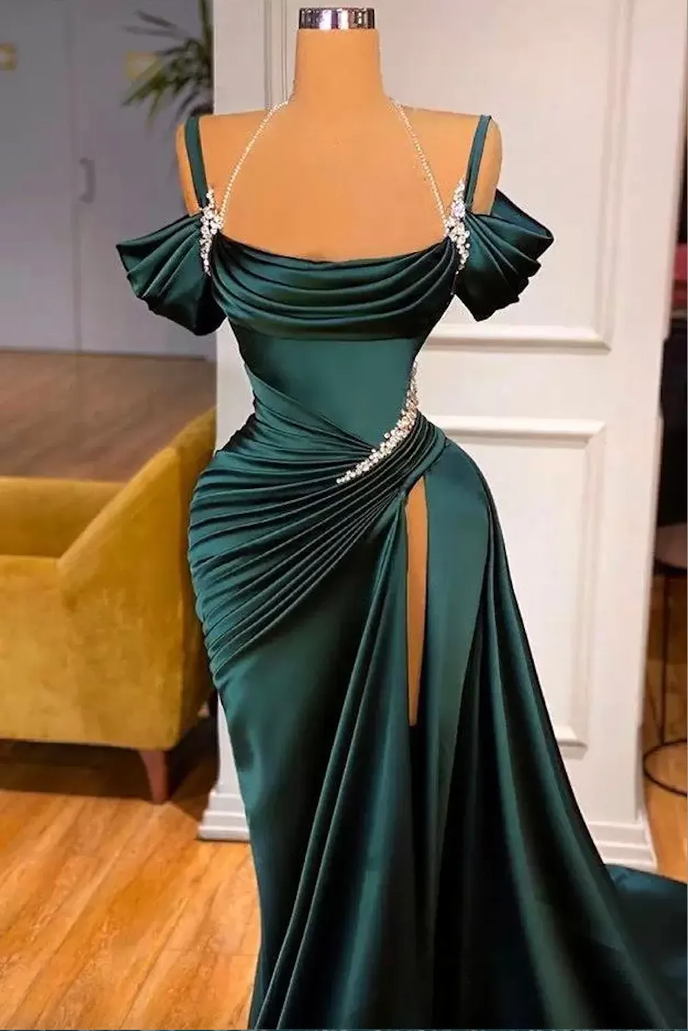 Elegant Dark Green Mermaid Evening Dresses Stunning Off-the-Shoulder Mermaid Prom Dress Ruffles With High Split Long Vestidos de fiesta Formal