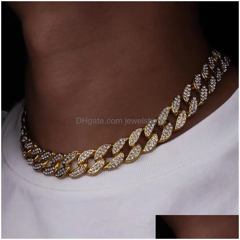 Chains 15Mm  Cuban Link Chain Necklaces 30 16 18 20 22 24Inches 18K Gold Plated Iced Out Bling Rhinestone Chains Sier Rose Fashio Dhabx