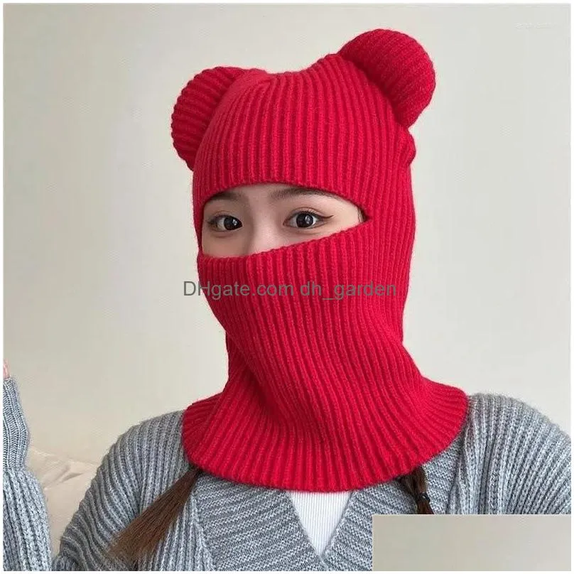 berets winter cute funny knit balaclava with bear ears women warm full face cover ski mask hat men outdoor windproof beanies